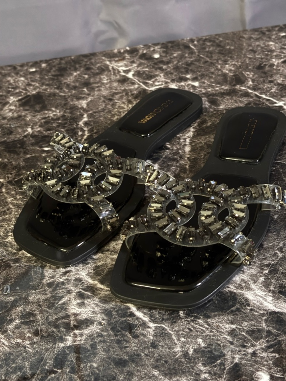Fashion Nova Black Jeweled Slide Mules 088